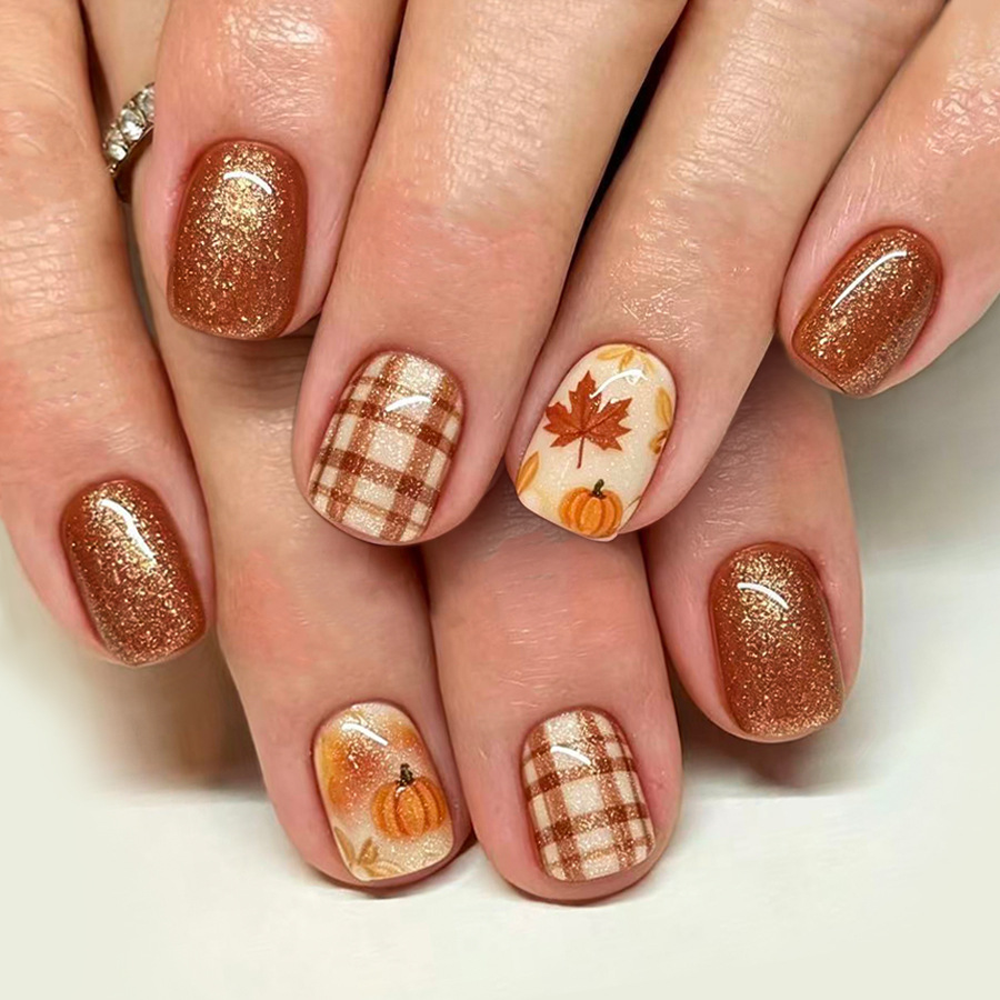 24Pcs Burnt Orange Plaid Shiny - Nail Art Orange ulasan dan harga