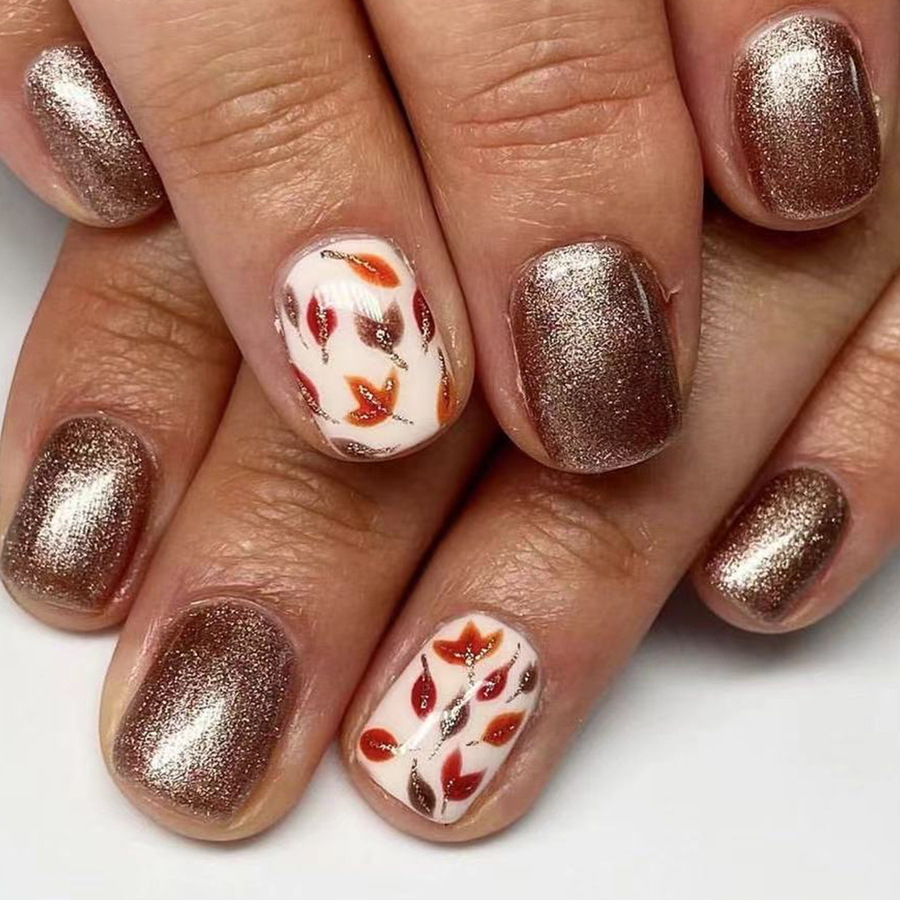 24Pcs Burnt Orange Plaid Shiny - Nail Art Orange ulasan dan harga